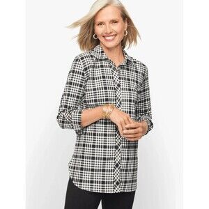 Talbots Plus Pencil Plaid Button Front Shirt Women's 2X Metallic Silver Threads